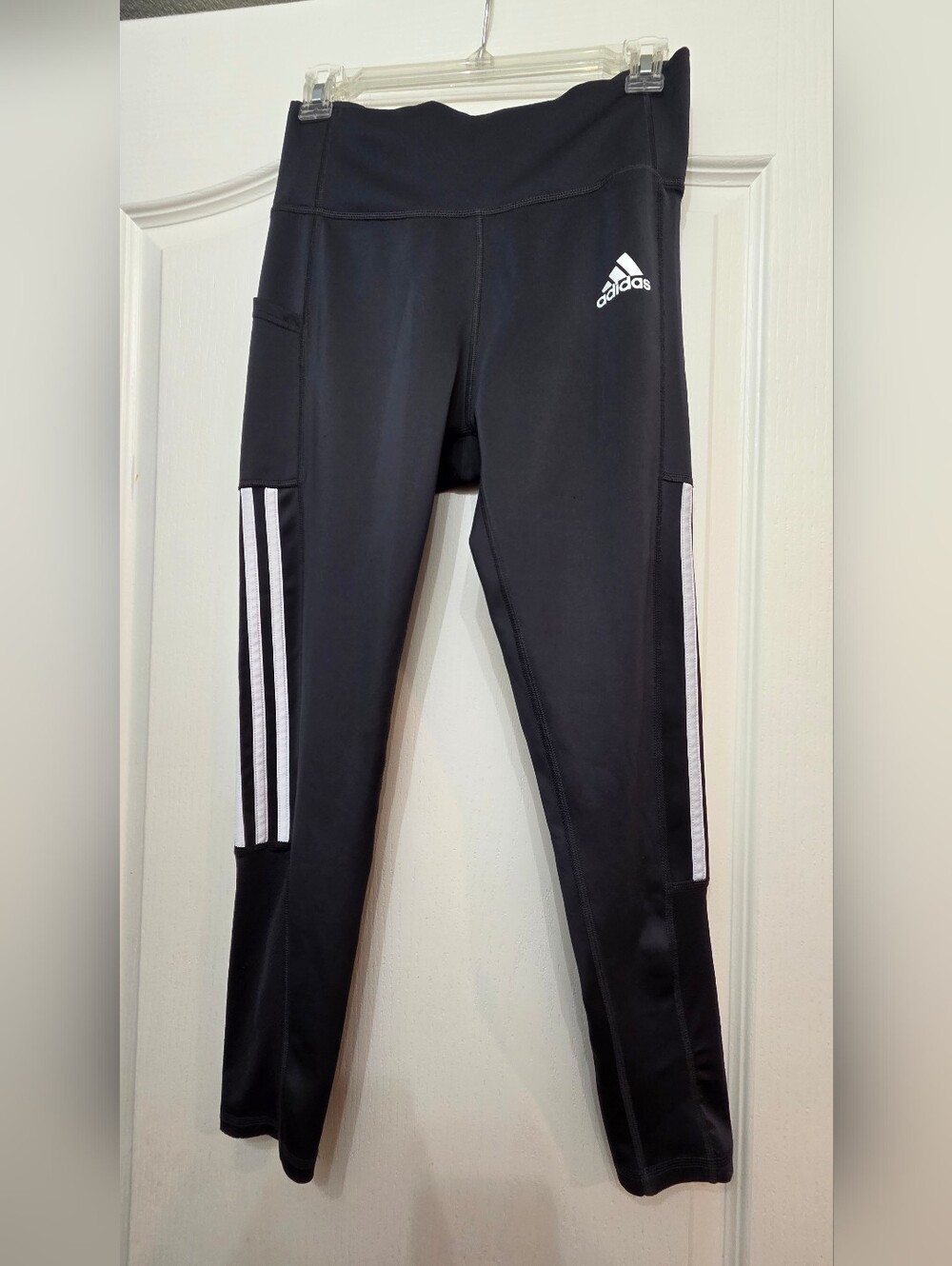 Adidas High Wasted Black Leggings with White Stripe Side Panels
